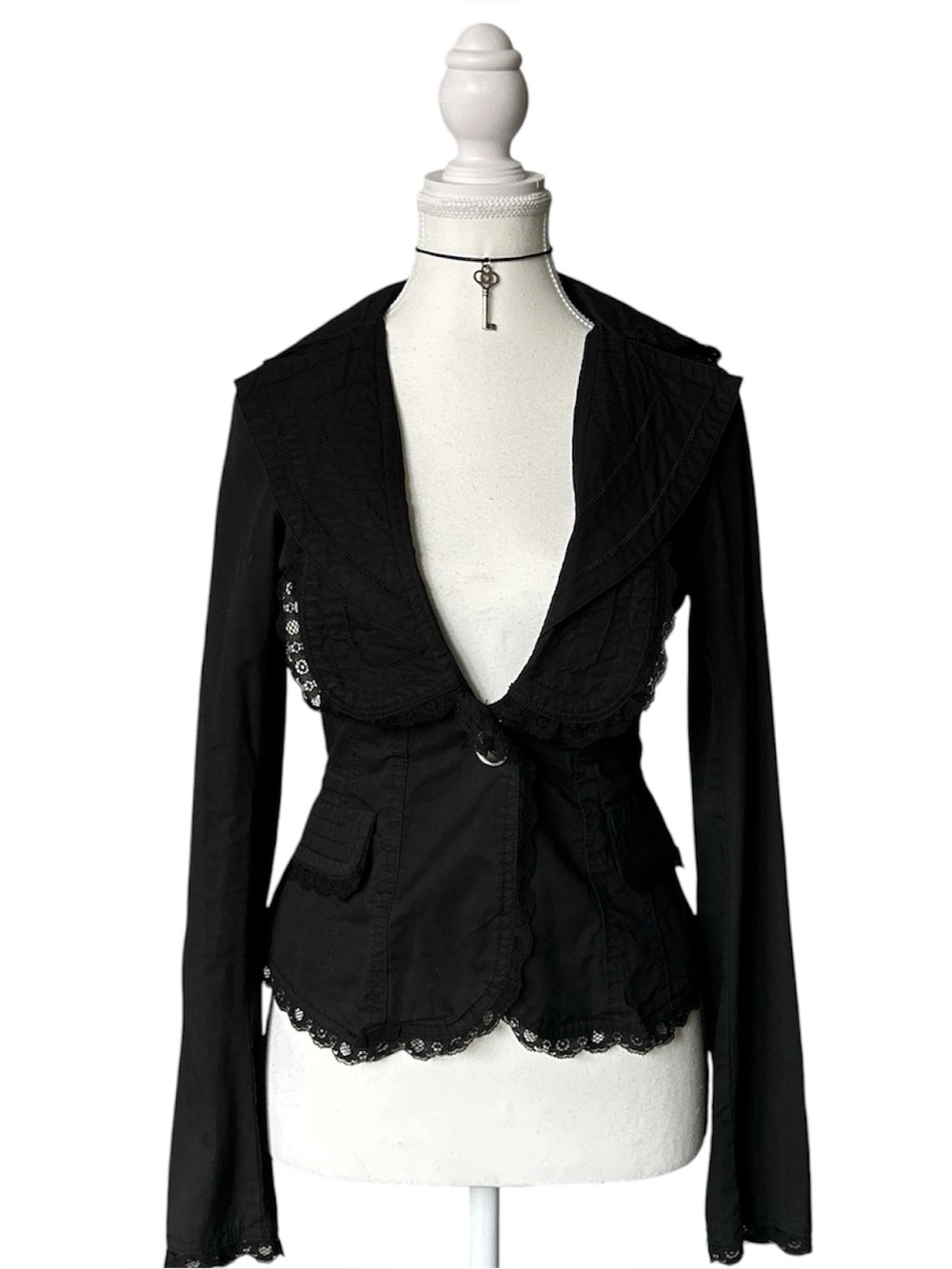 Jfashion Coquette “Sistematic” Basic Black Lace Trim Button-up Blazer